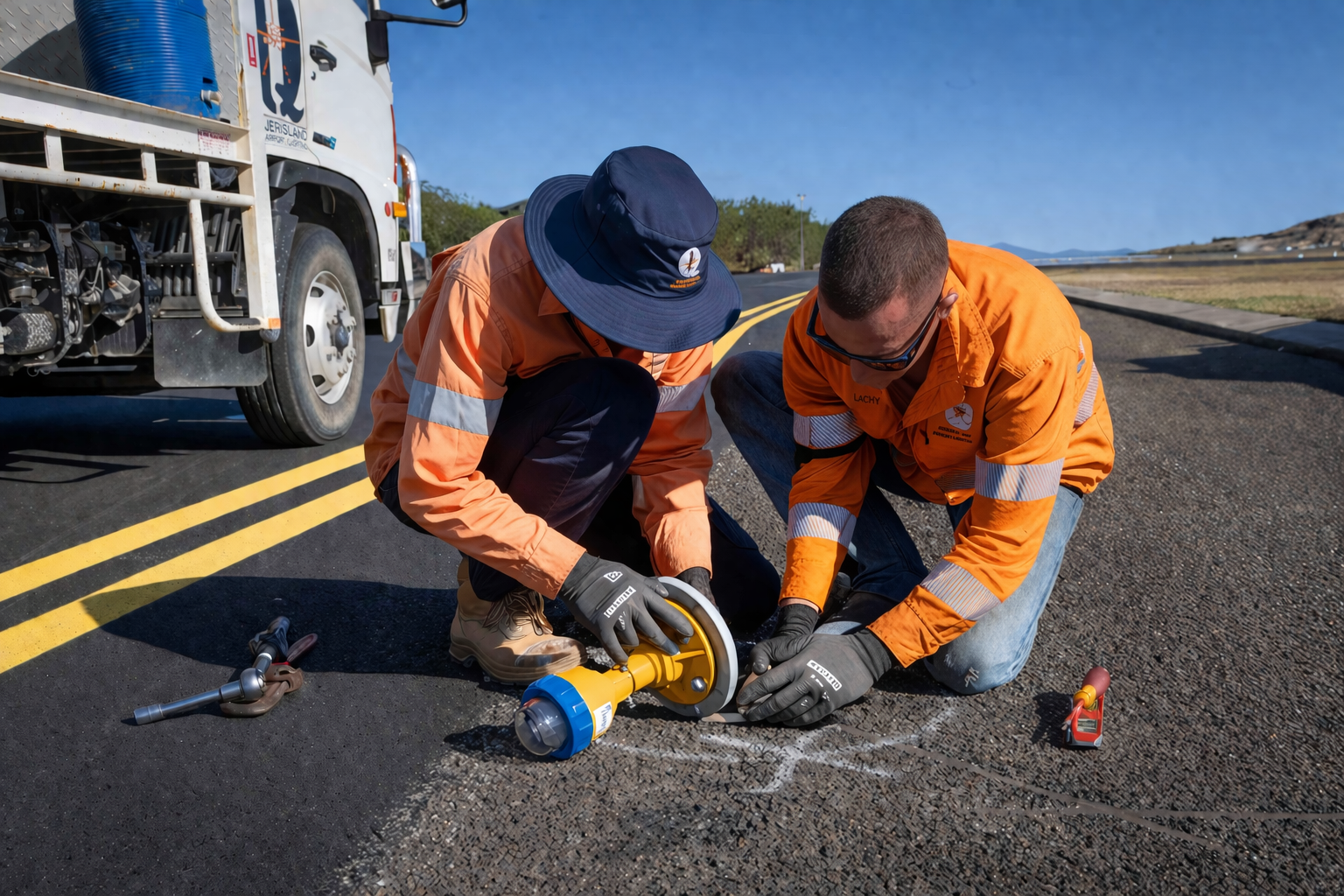 Airplane on runway, illuminated lights, sunset sky.