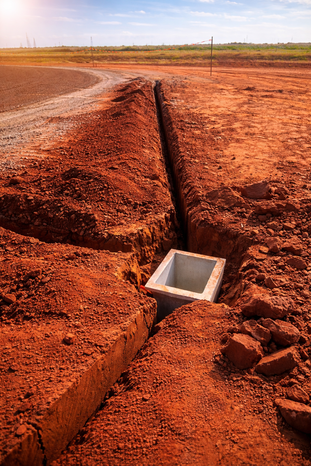 Excavated trench with pit installed for utilities and infrastructure.