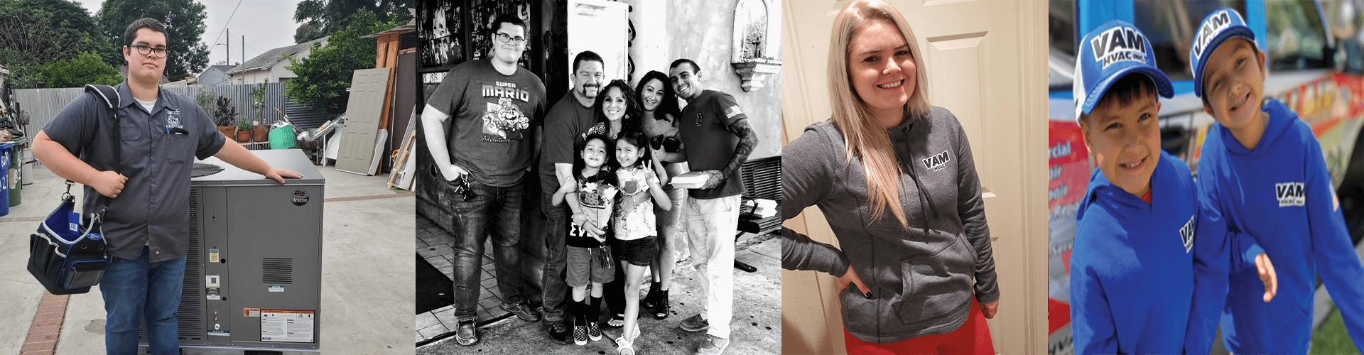 Multiple people posing for photos. One man stands by a machine, a family, a woman indoors, and two boys in blue.