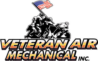Logo for Veteran Air Mechanical Inc. featuring the Iwo Jima memorial with an American flag, and the company name.