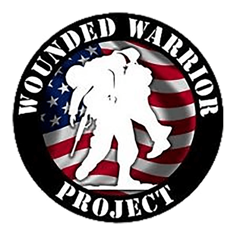 Wounded Warrior Project logo: soldiers silhouette over US flag; text