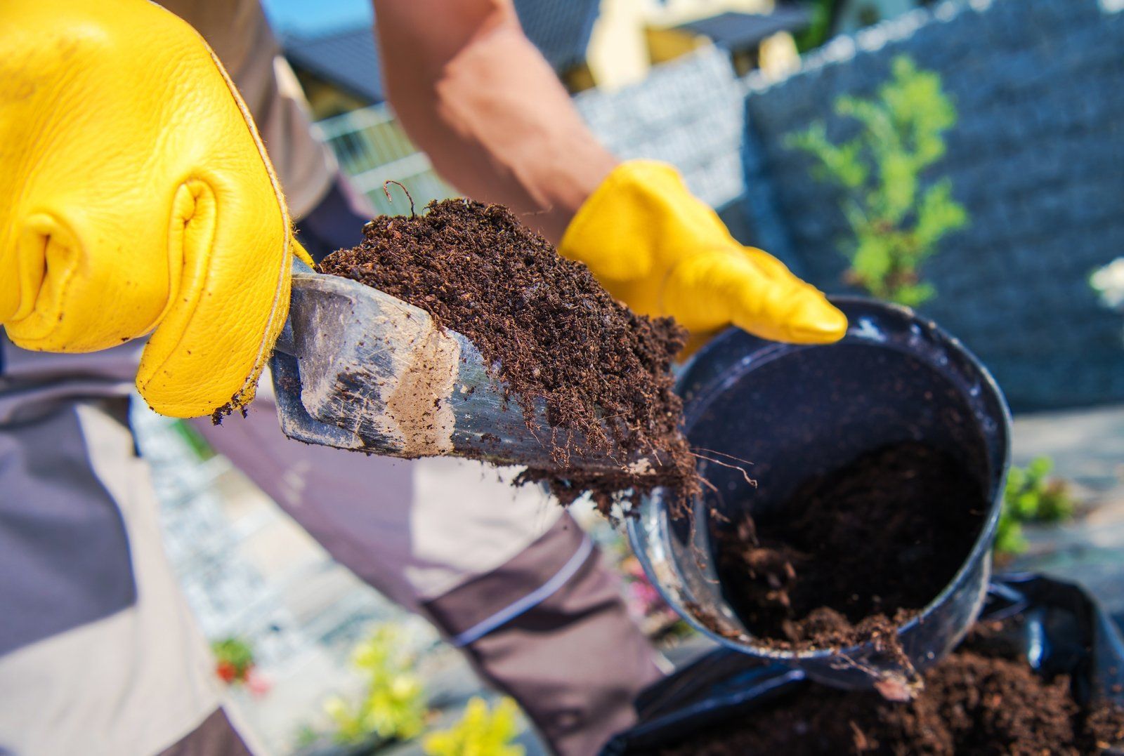 worker putting soil in the planter