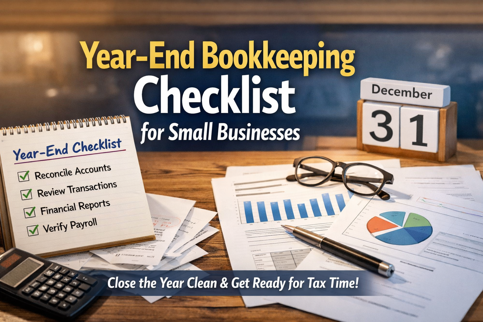 Year-end bookkeeping checklist: documents, calendar, calculator, glasses, pen, and financial reports on a desk.