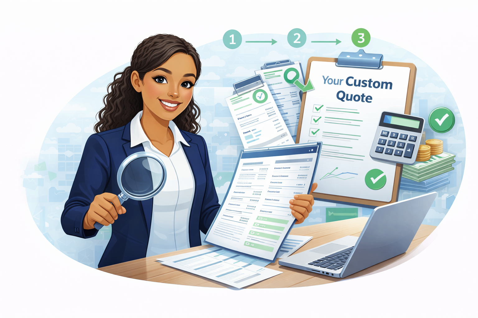 Woman with magnifying glass reviewing documents, creating custom quote. Calculator and laptop are nearby.