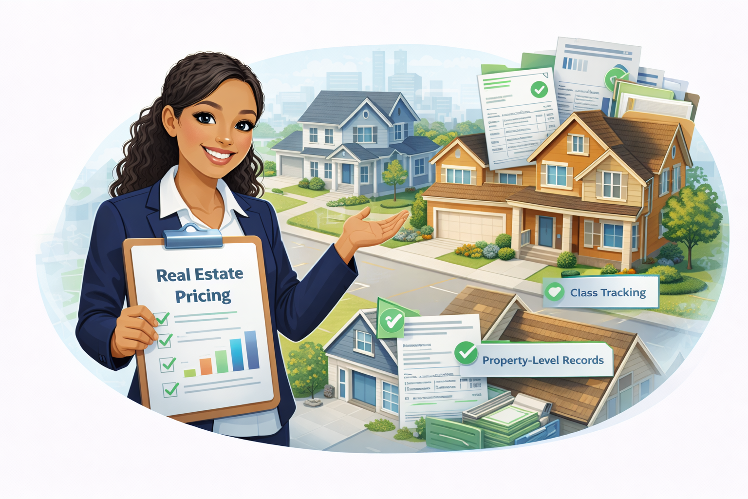 Realtor presenting real estate pricing data with houses and documents in the background.