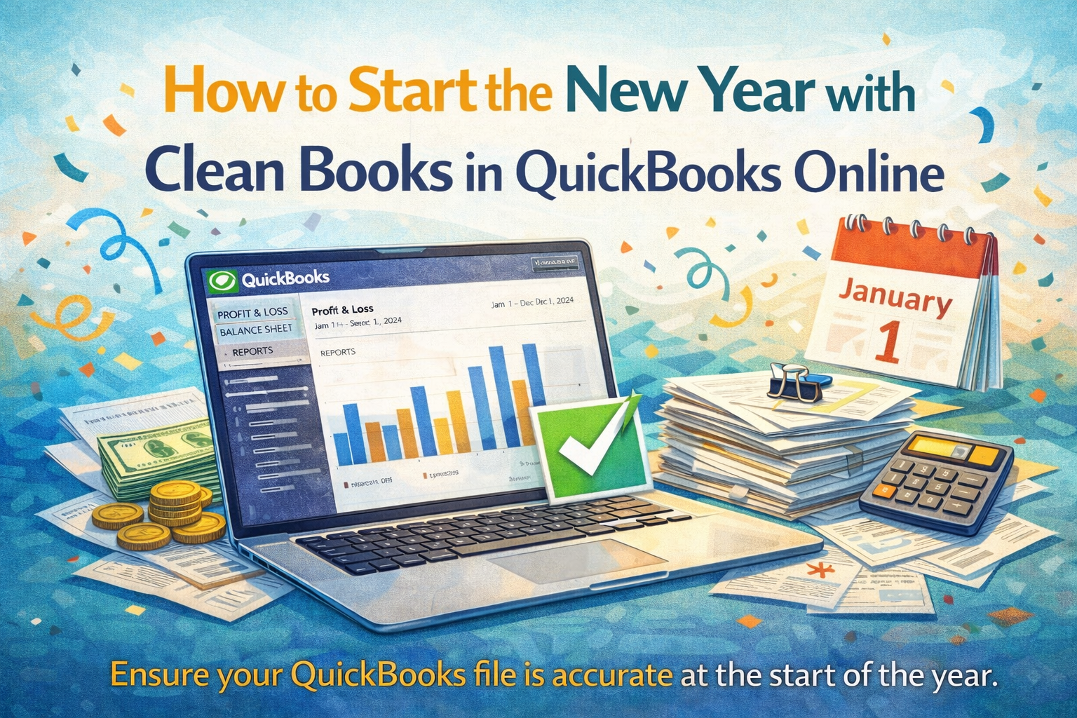A laptop with QuickBooks open, calendar, and money, with text 