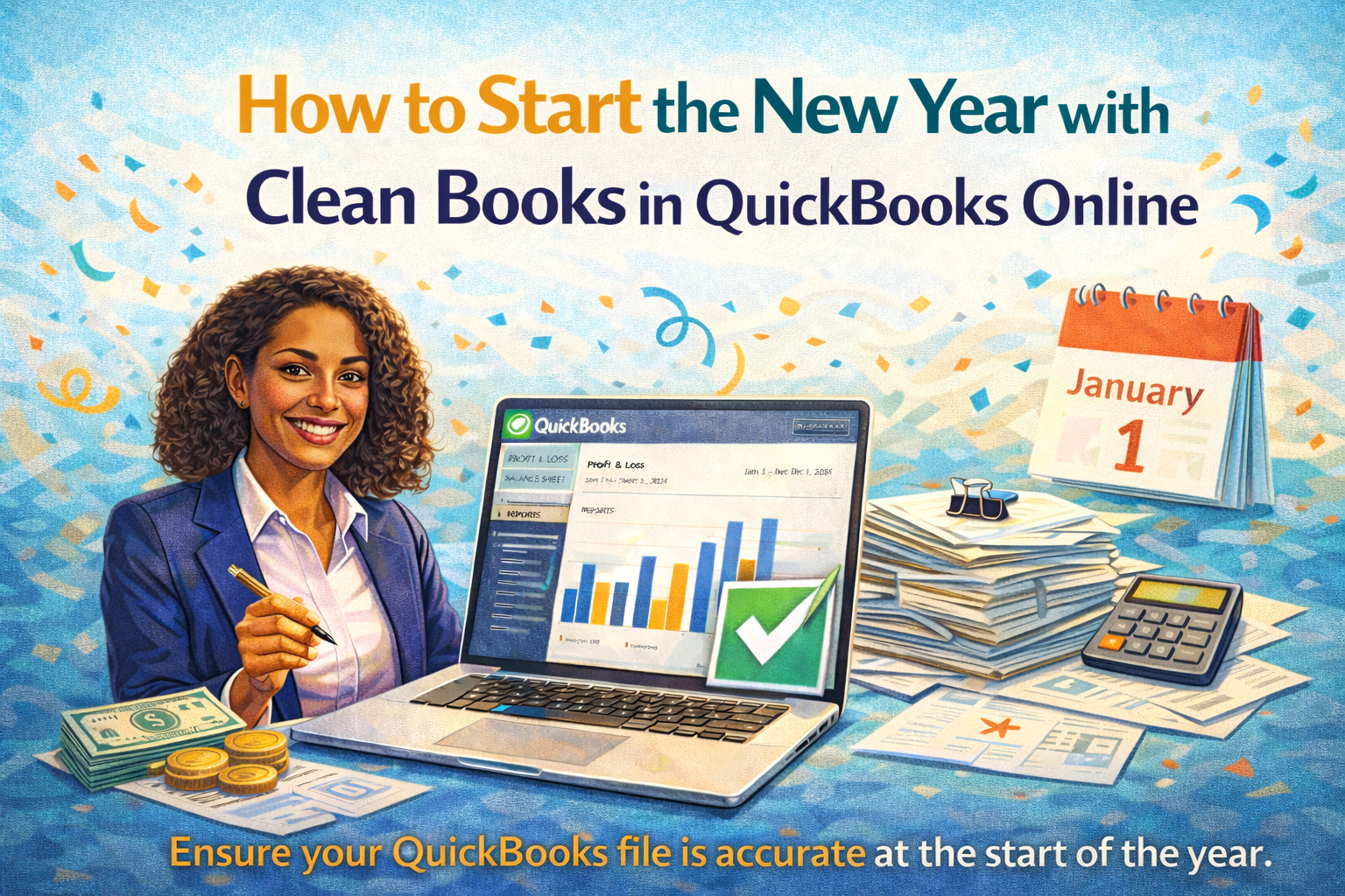 Woman with laptop showing QuickBooks dashboard, calendar, cash, calculator, documents. Text: 