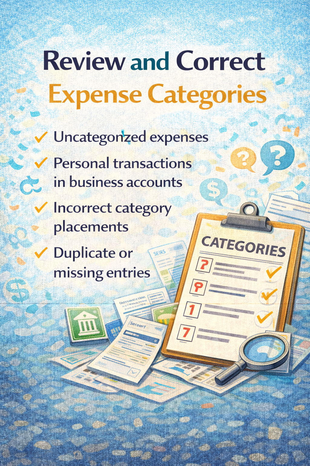 Guide to reviewing and correcting expense categories: includes checklist, receipts, magnifying glass.