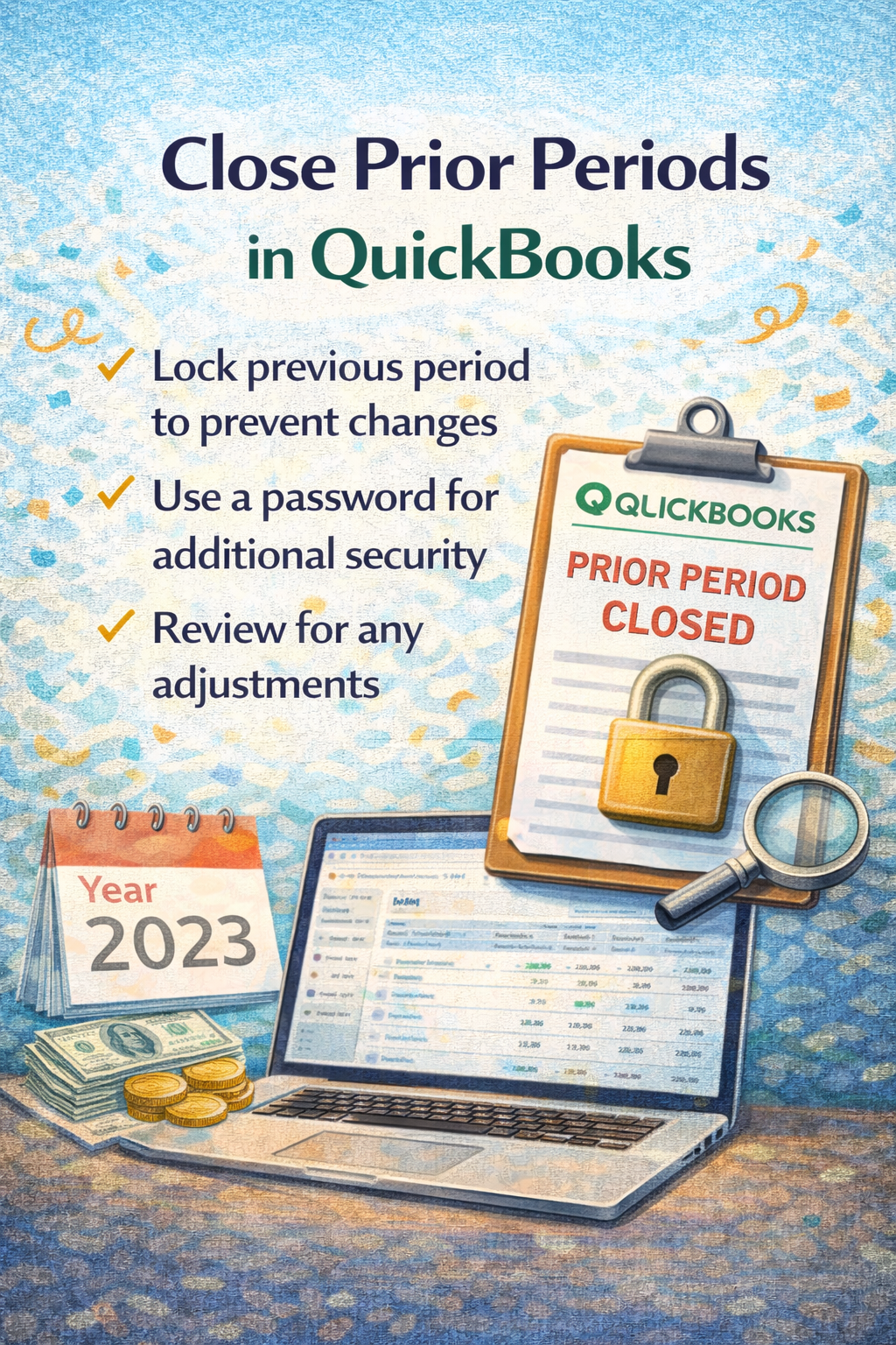 Illustration: QuickBooks instructions for closing prior periods. Includes lock, clipboard, and laptop.