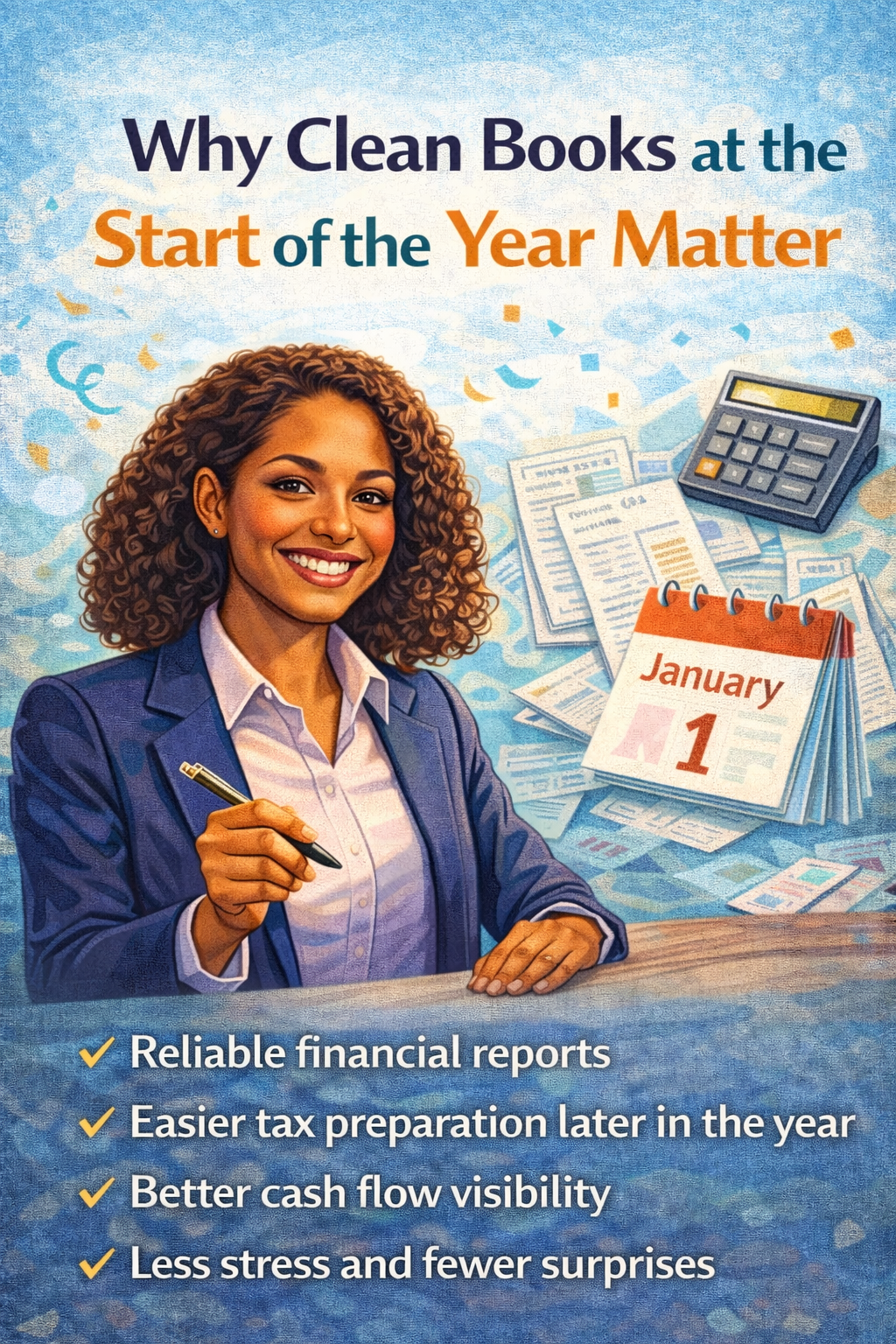 Woman with pen, smiling at desk, with papers and a calendar, promoting clean financial books at the start of the year.