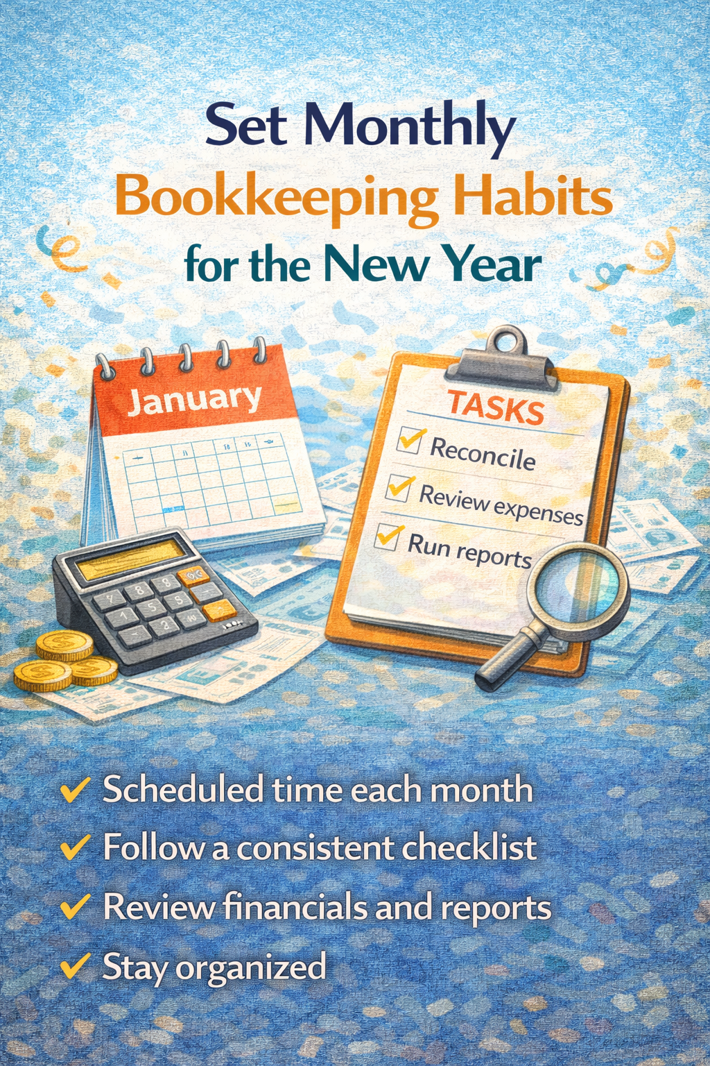 Bookkeeping tips for the new year: calendar, checklist, calculator, coins, and magnifying glass on a blue background.