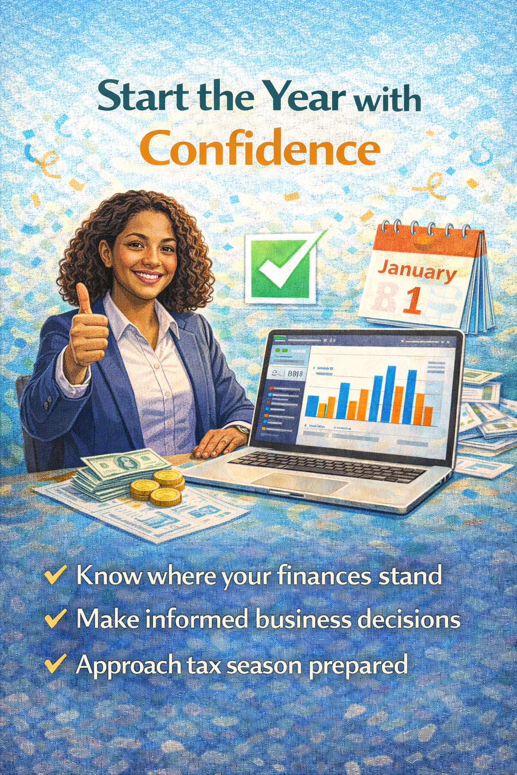 Woman giving thumbs up near laptop and money, with a calendar. Text: Start the Year with Confidence.