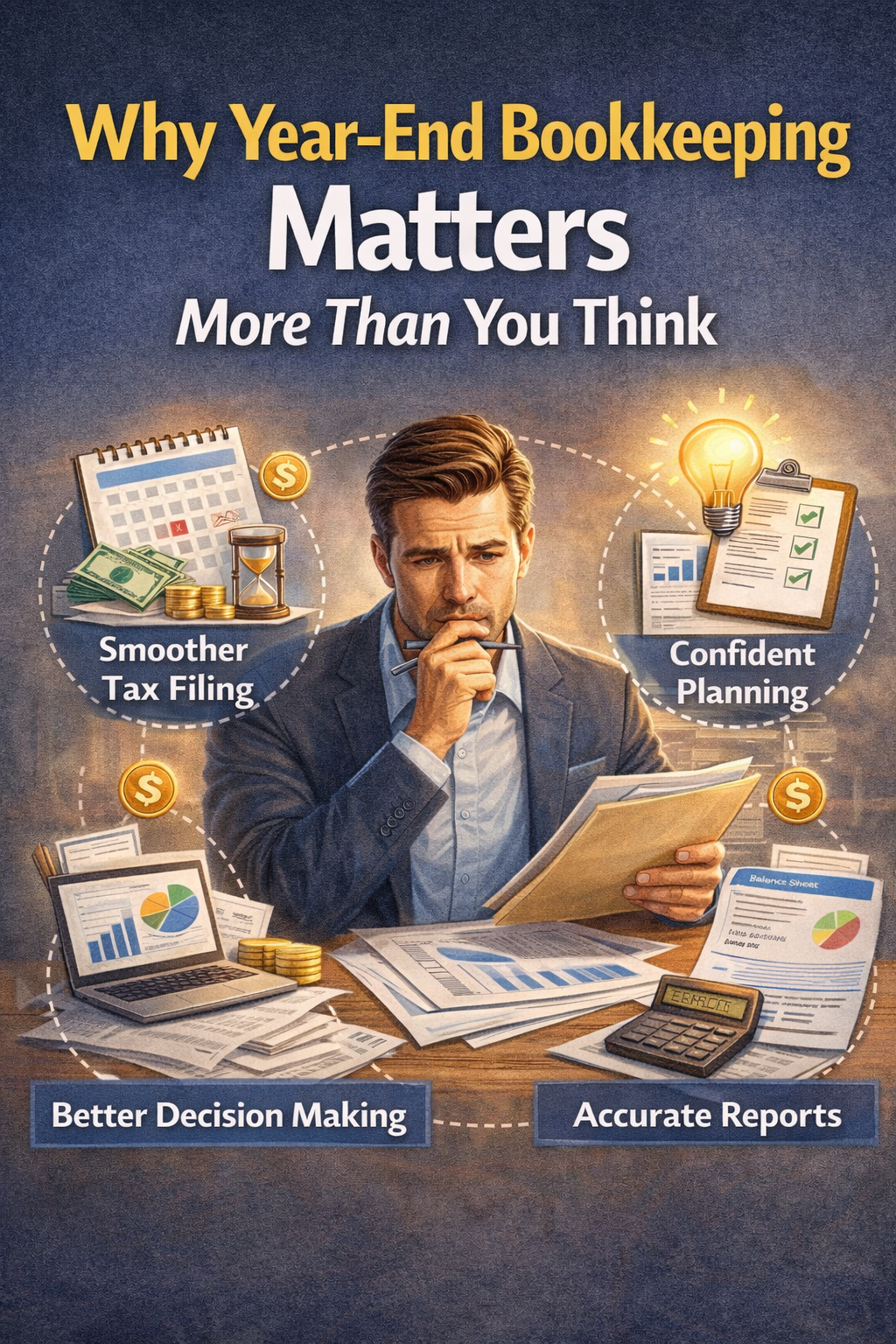 Man pondering bookkeeping. Text says 