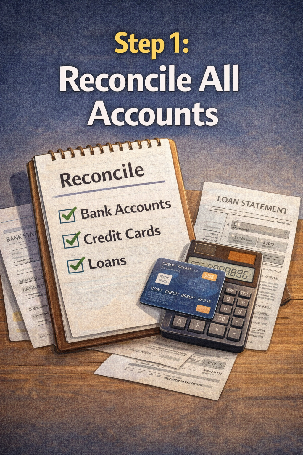 Step 1: Reconcile all accounts. Bank Accounts, Credit Cards, Loans. Calculator, credit card, statements on a table.