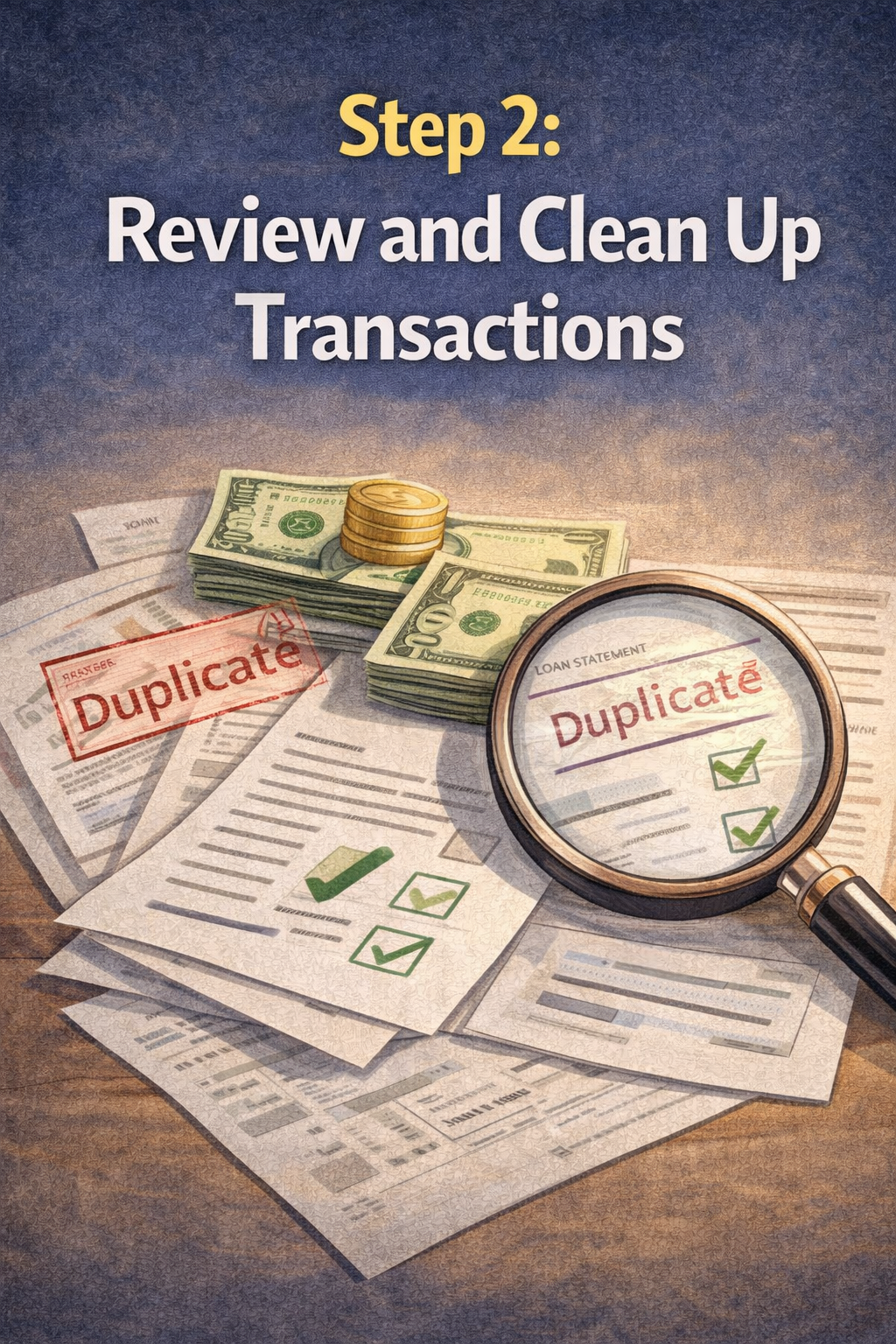Step 2: Review and clean up transactions. Magnifying glass over documents, cash, and 