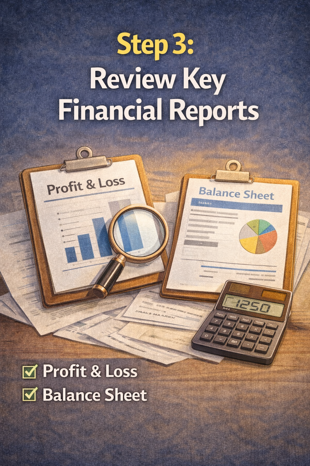 Step 3: Review financial reports. Profit & loss and balance sheet reports on clipboards