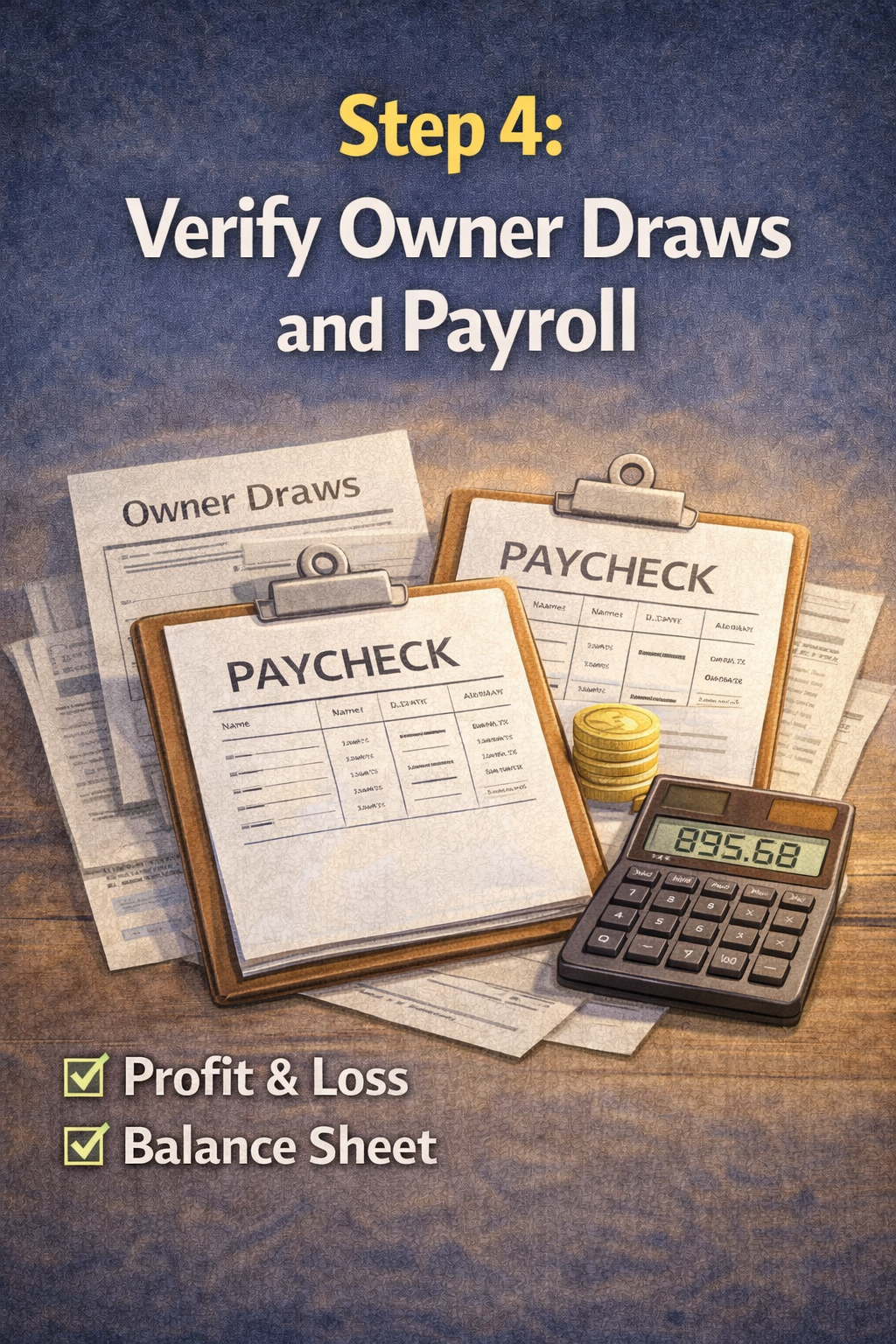 Image showing step 4, verifying owner draws and payroll. Includes checkmarks for profit and loss & balance sheet.