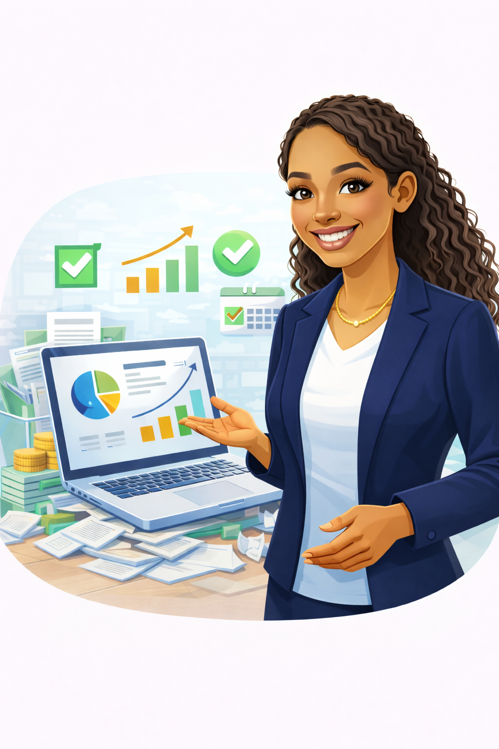 Businesswoman with laptop displaying graphs, surrounded by documents, smiling.