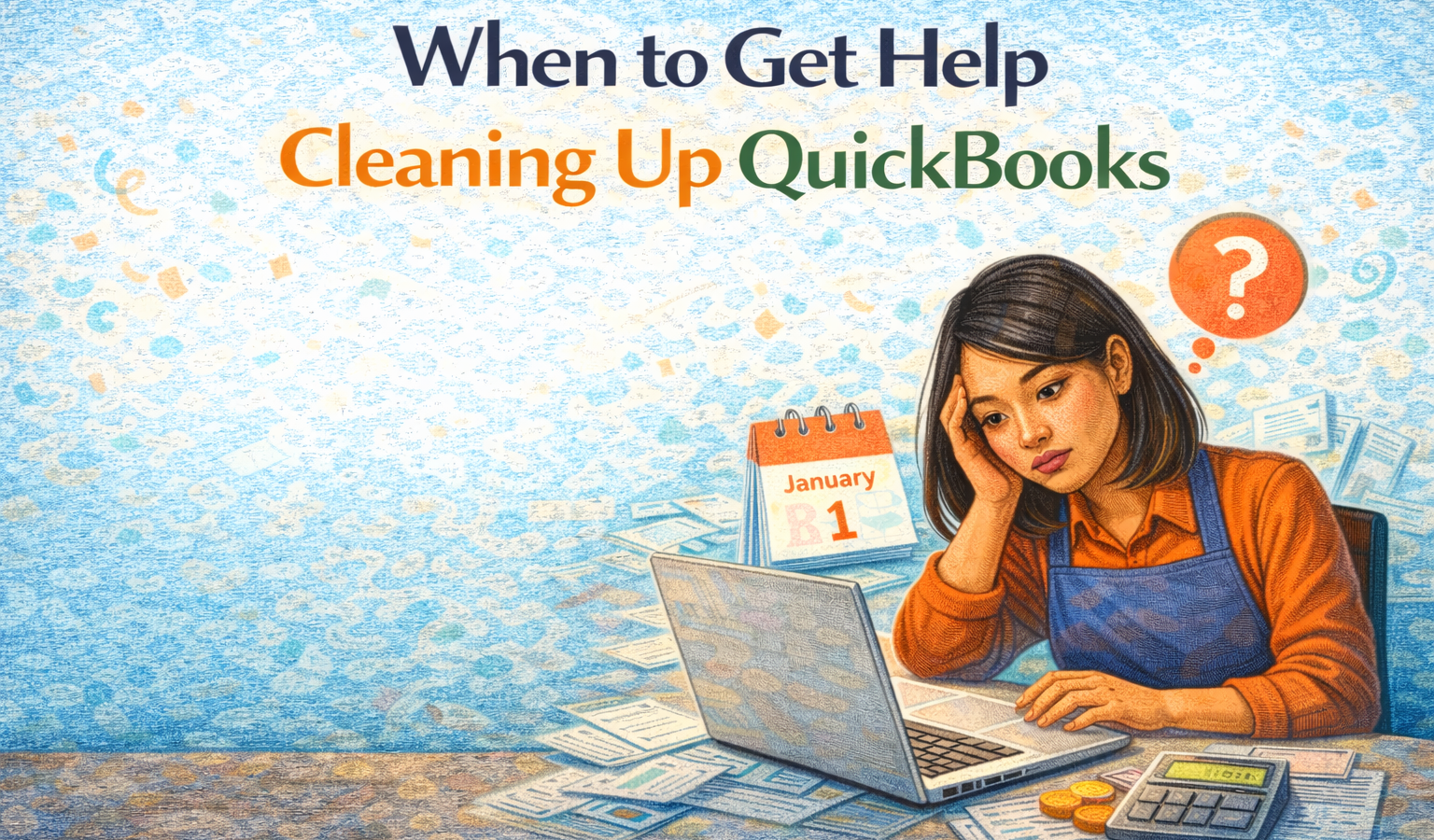 Woman with concerned expression working on laptop with QuickBooks cleanup text and a calendar.