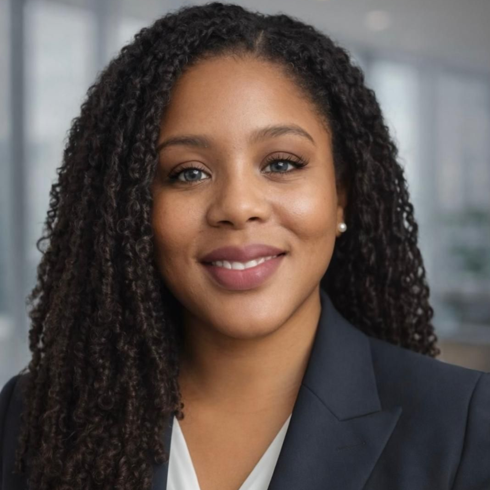 Woman with dark hair, smiling, wearing a navy blazer and white top, in a well-lit office setting.