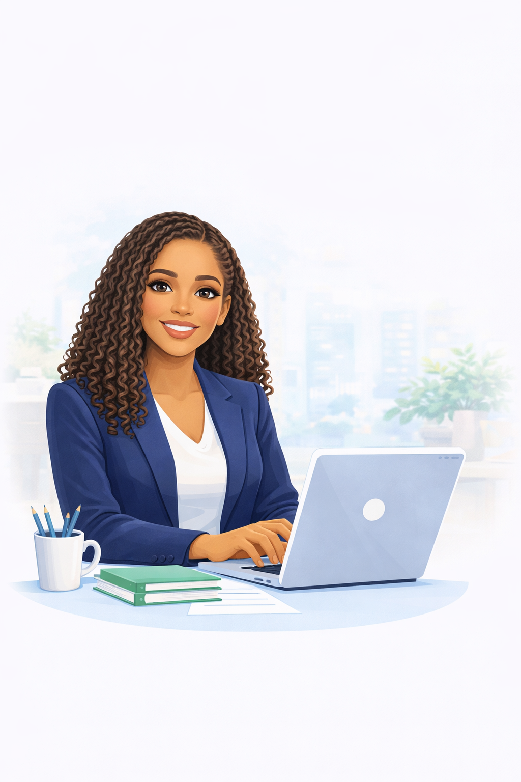 Bookkeeper in blue blazer, typing on a laptop at a desk with a mug and notepad, smiling.