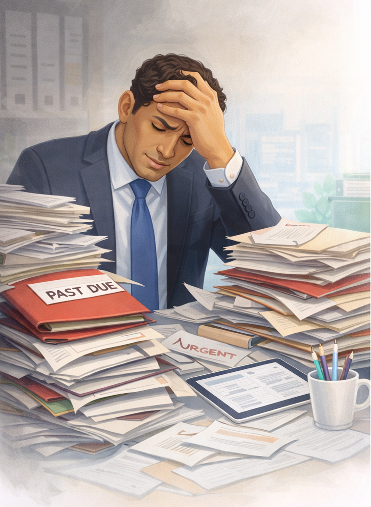 Business owner overwhelmed by paperwork and messy books, bookkeeper using laptop with data visualization, illustrating bookkeeping efficiency.
