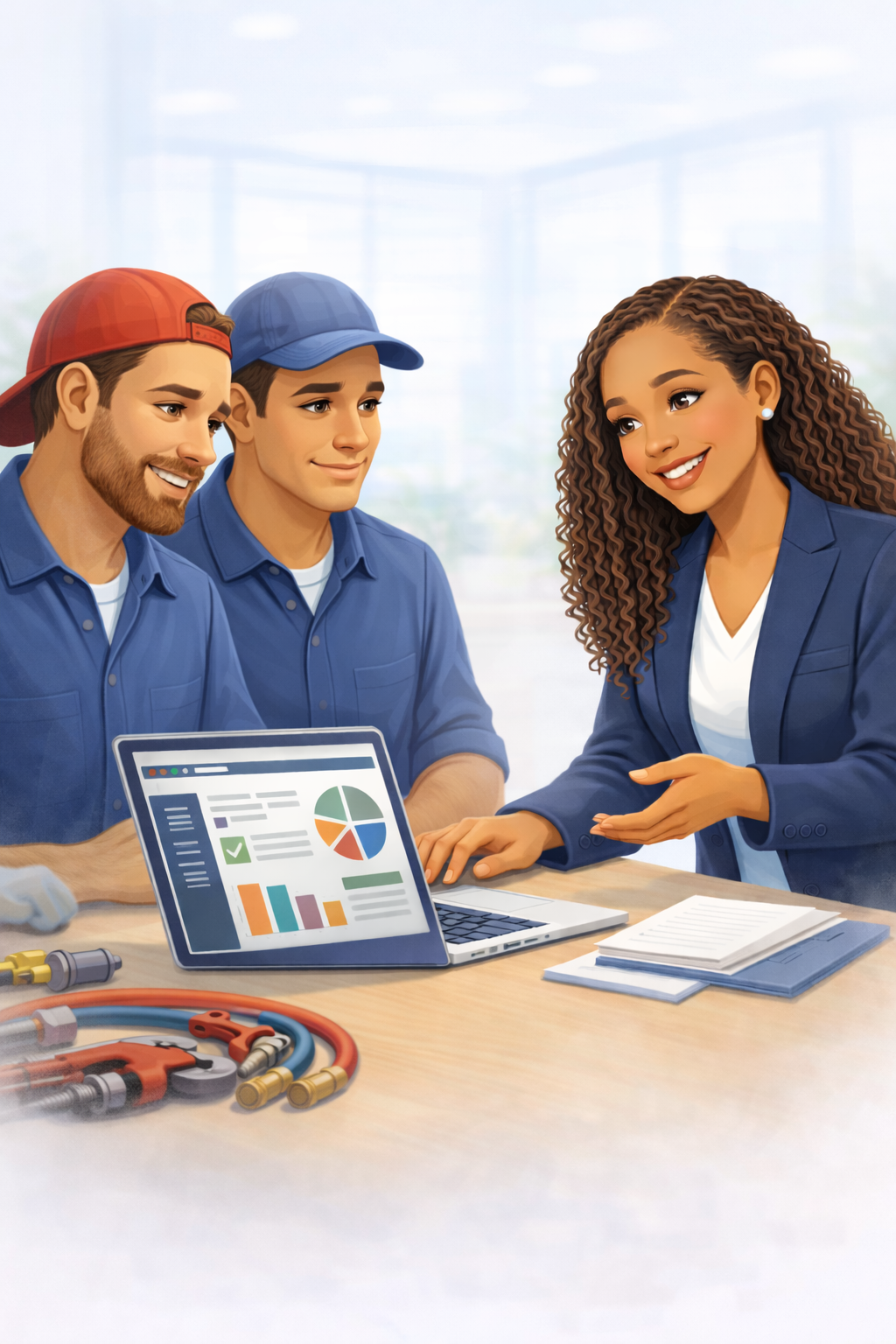 Bookkeeper with laptop with  plumbers wearing work shirts and hats.
