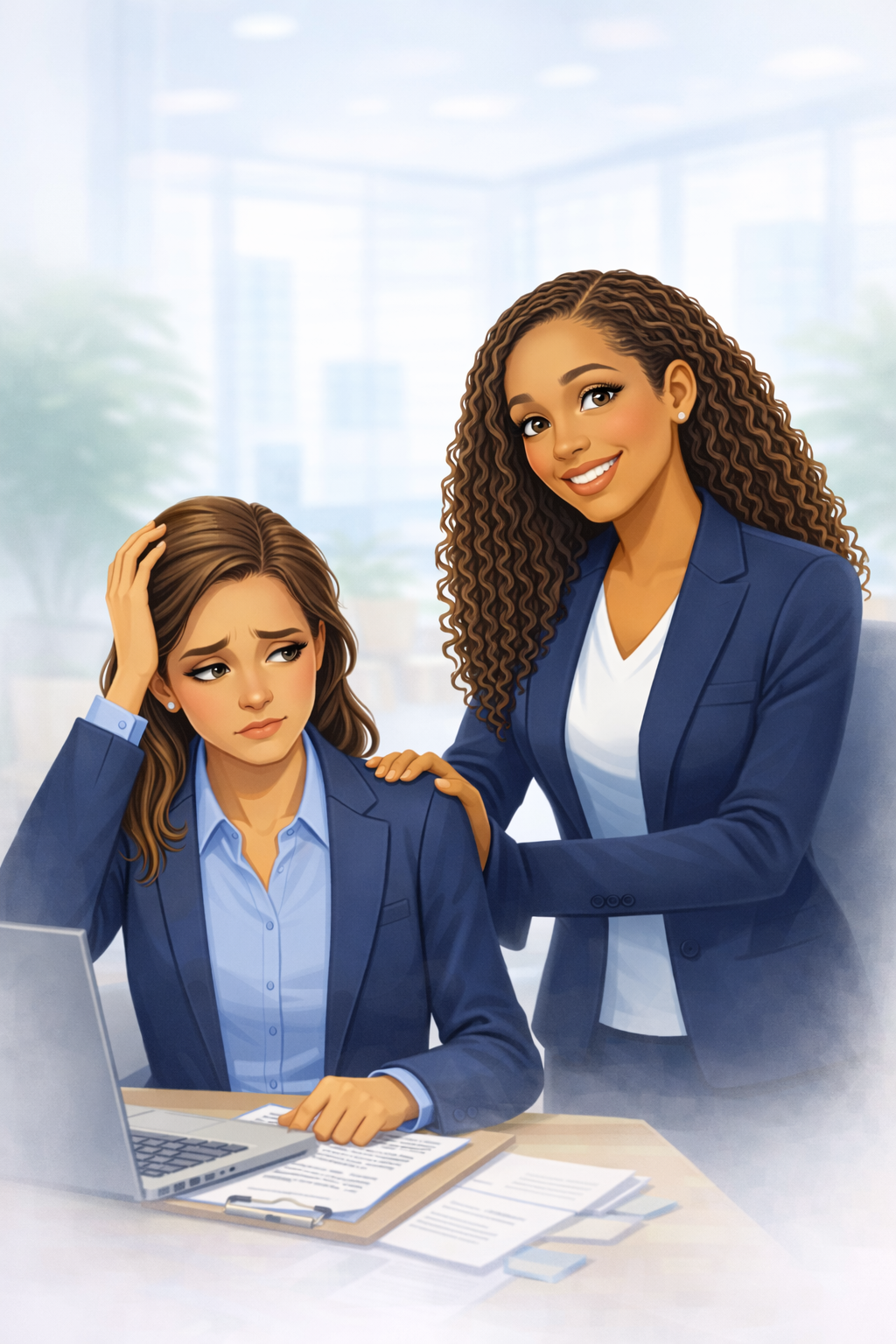 Man overwhelmed with paperwork; woman offers support, clipboard says