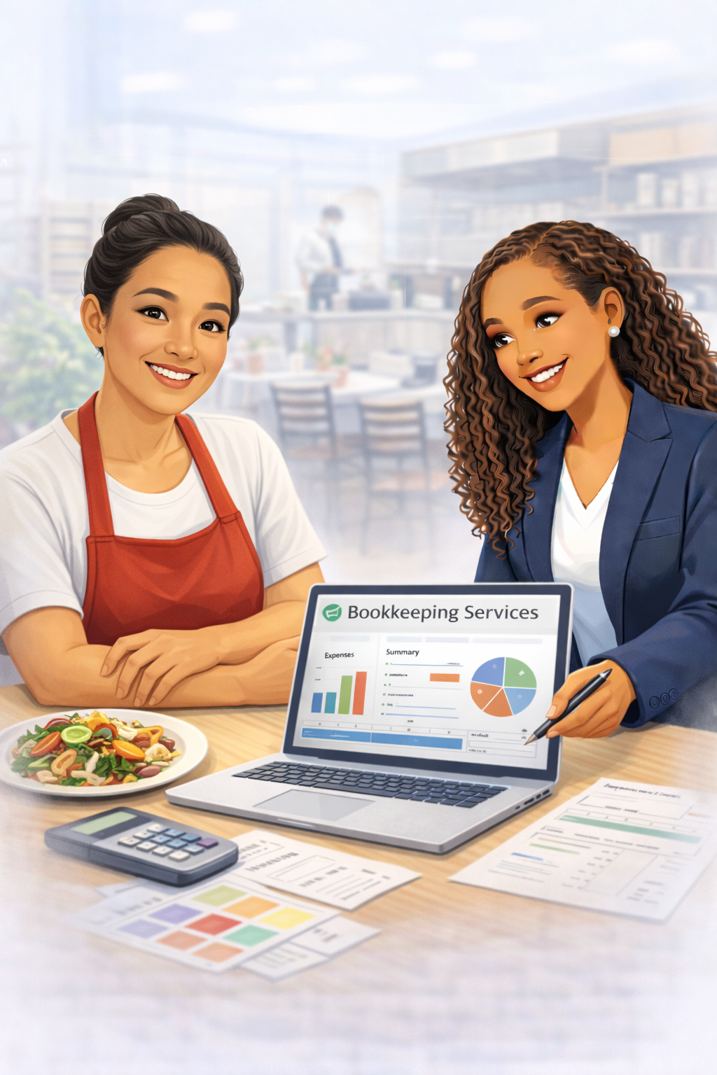 Restaurant business owner and Bookkeeper review financial data on a laptop in a cafe.