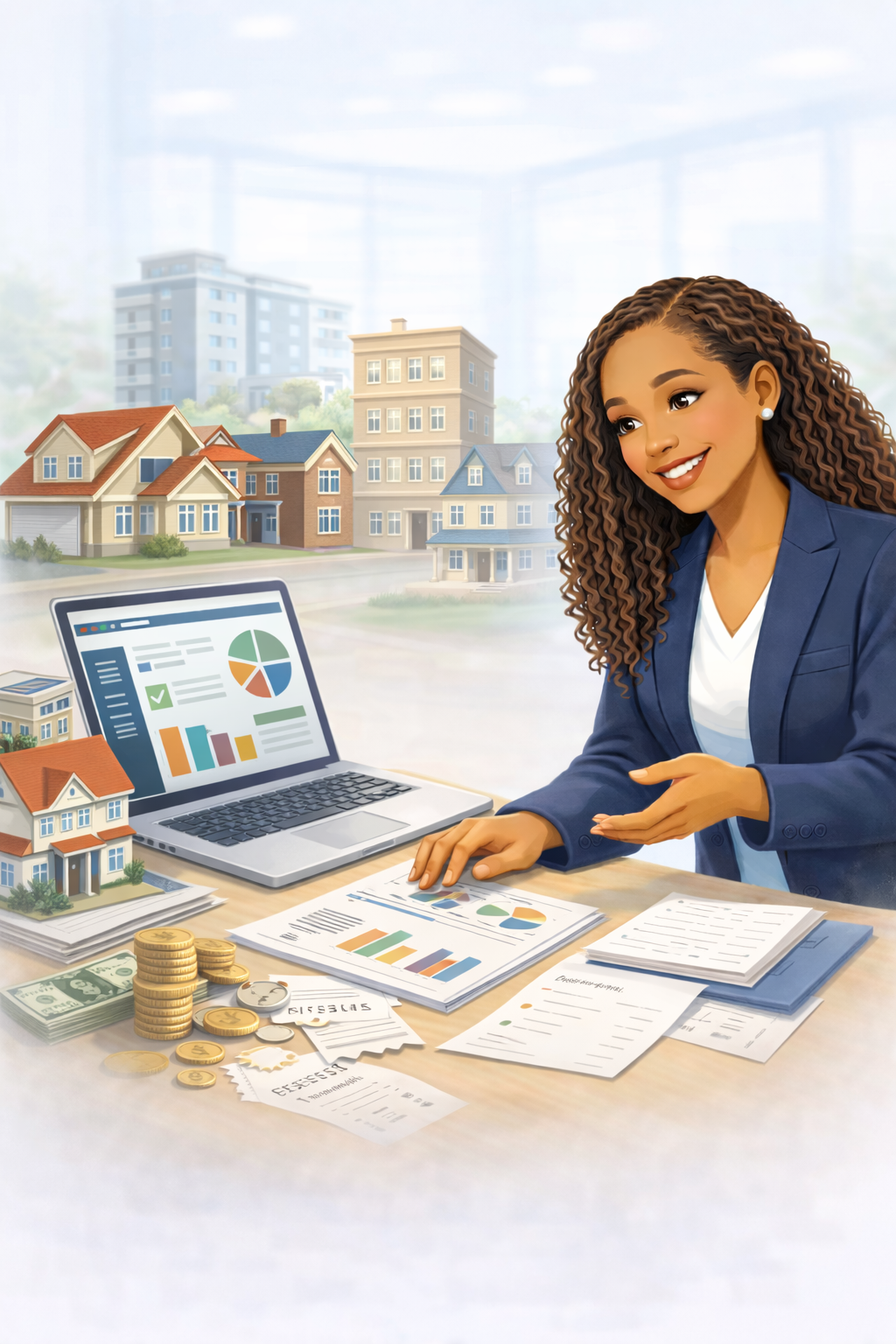Bookkeeper analyzing real estate investments with laptop, charts, and miniature houses.