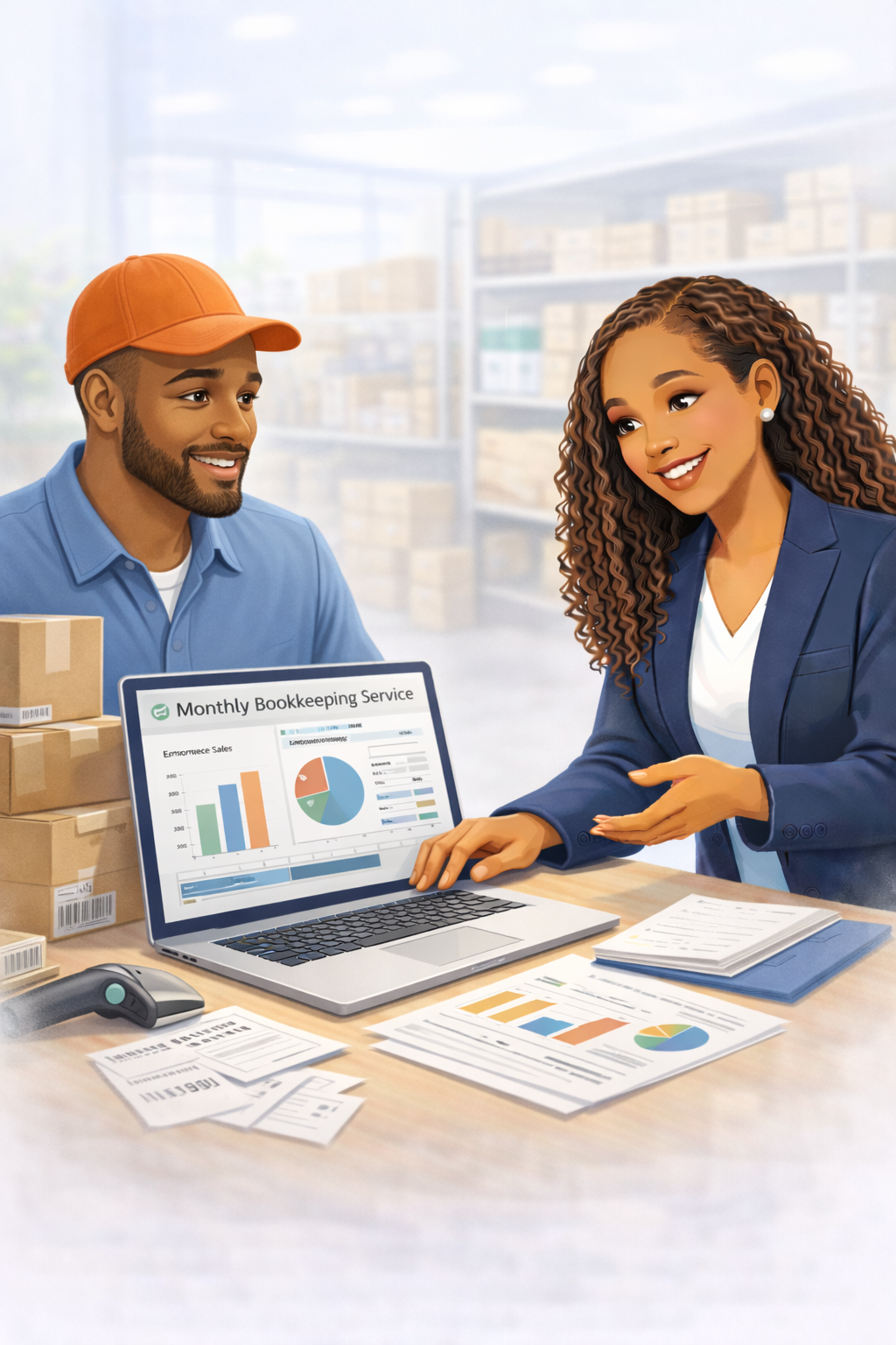 Two women at a desk with laptop, charts, and money. Smiling, one points. Background shows home & vehicle icons.