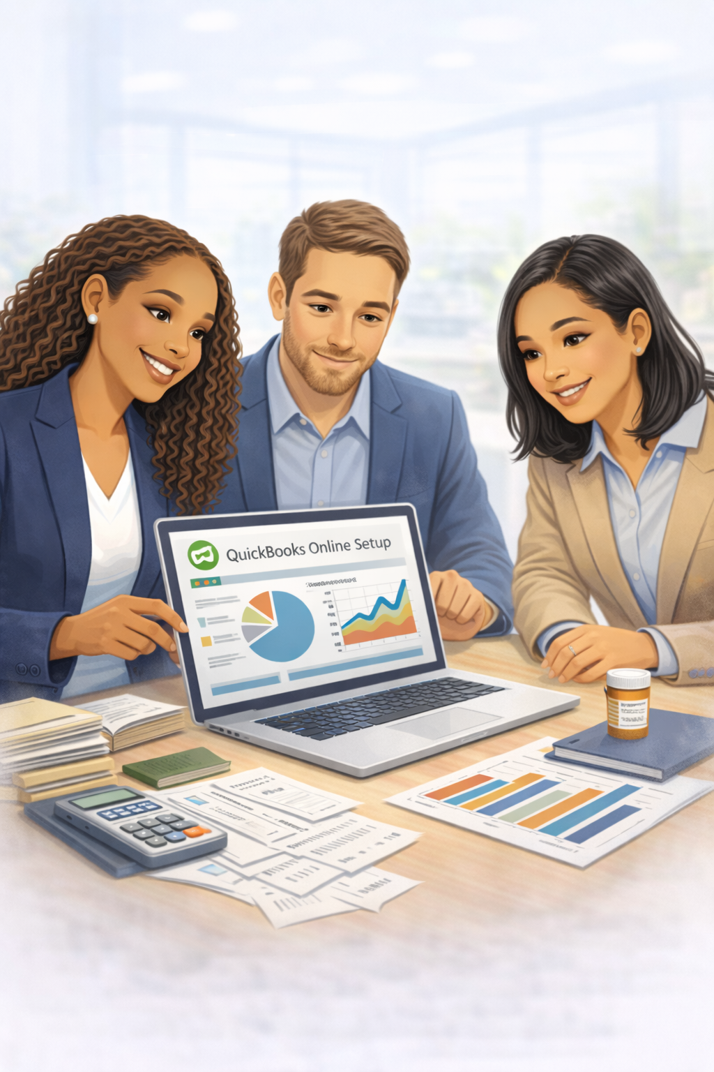 Bookkeeper working at a desk with real estate and financial documents, smiling.