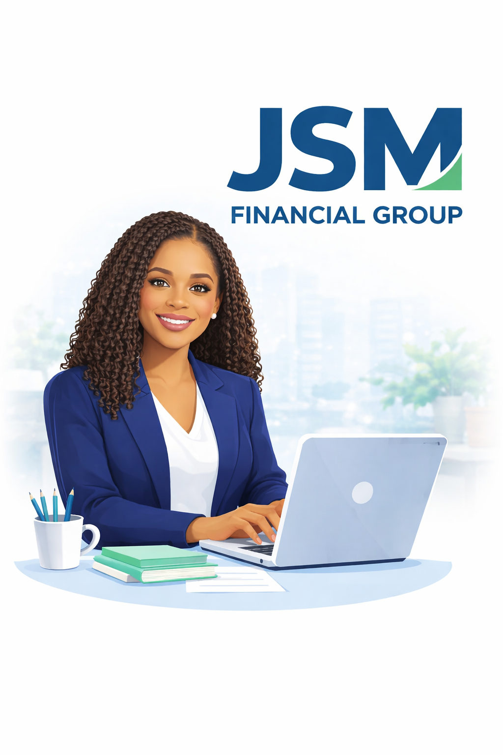 Woman in blue blazer at laptop, smiling. JSM Financial Group logo with financial icons.