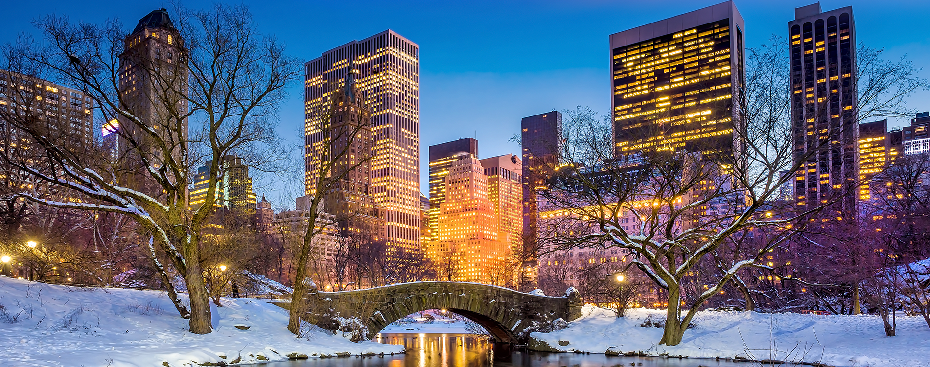 Winter scene of Central Park in New York City, snow-covered ground, bridge, and lit skyscrapers at dusk.