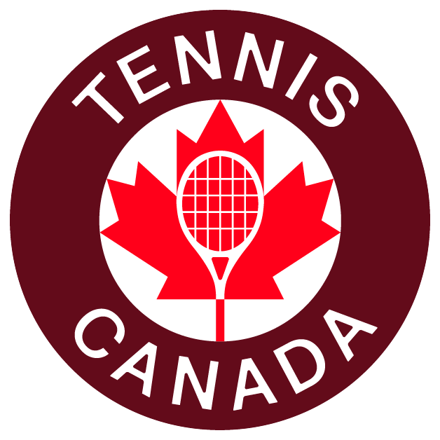Logo de Tennis Canada : feuille d’érable rouge avec une raquette de tennis au centre, entourée du texte « TENNIS CANADA » sur fond bordeaux.