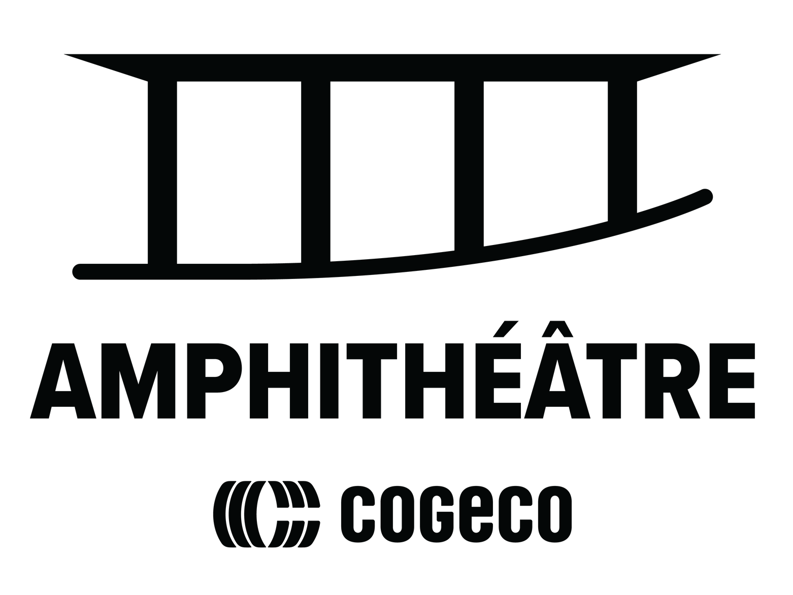 Logo pour l'Amphithéâtre Cogeco : Dessin en noir et blanc de trois piliers et d'une ligne courbe, avec le mot « AMPHITHÉÂTRE » et « cogeco » en dessous.