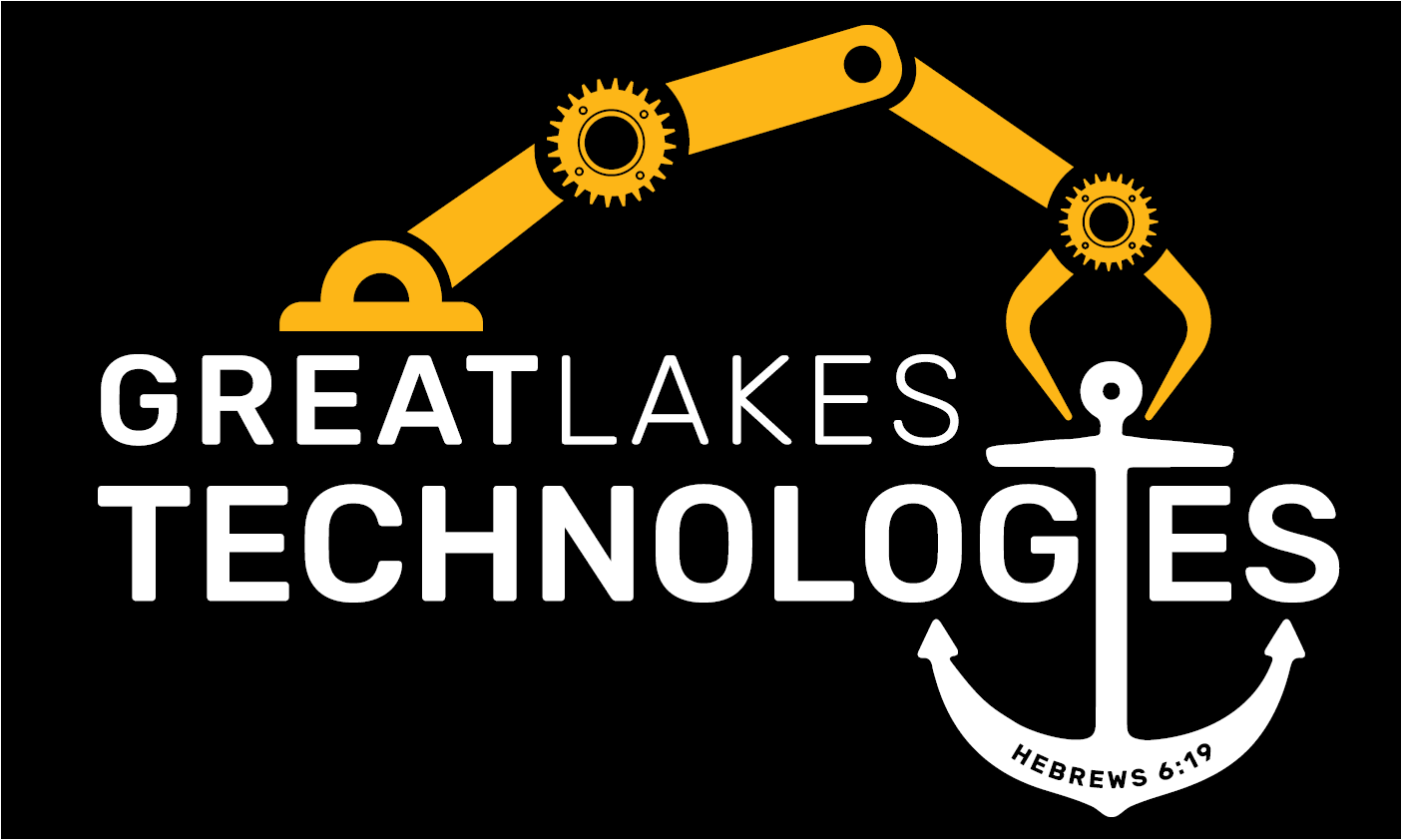 The logo for great lakes technologies shows a robotic arm holding an anchor.