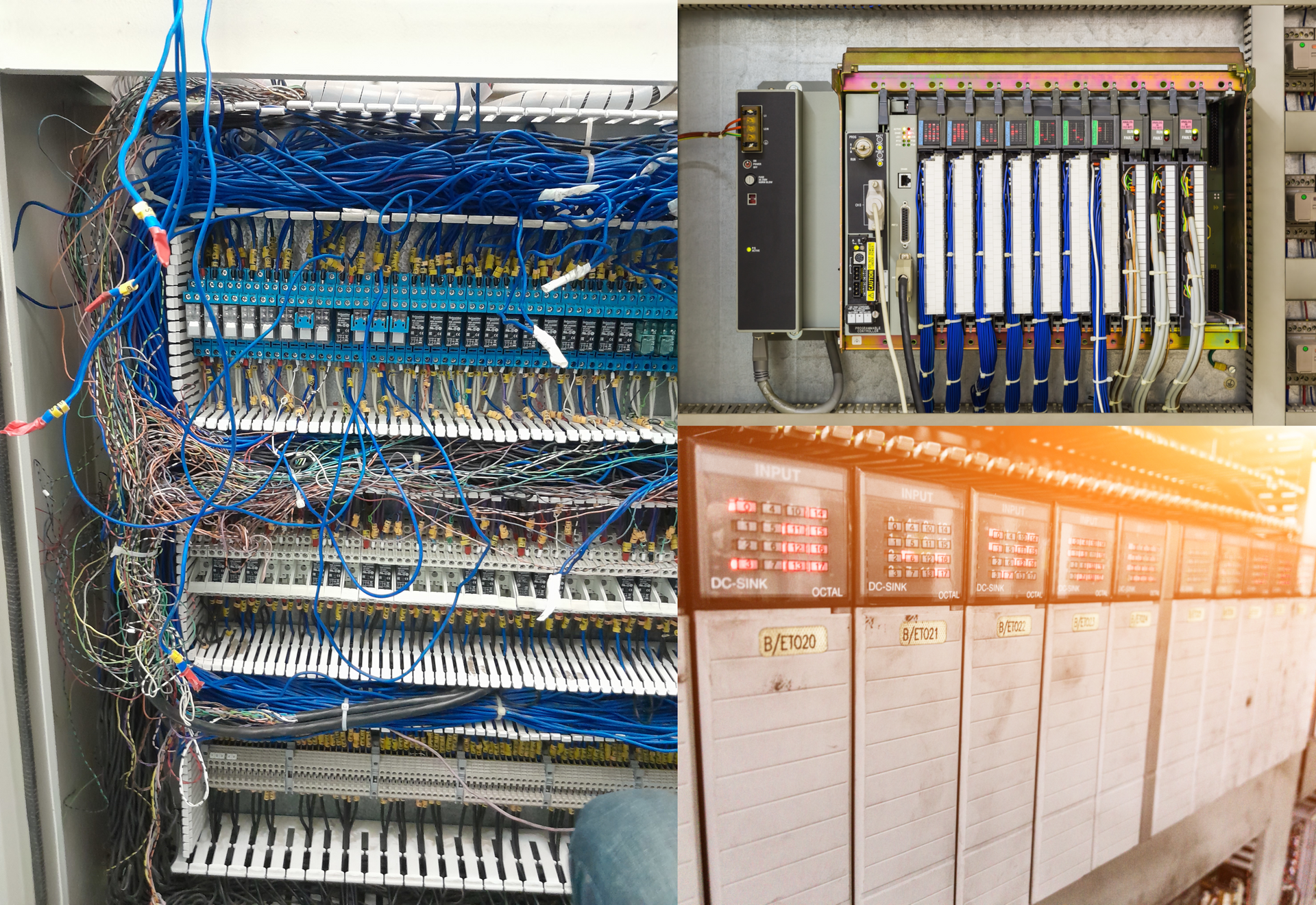 A collage of three pictures of a broken electrical box.