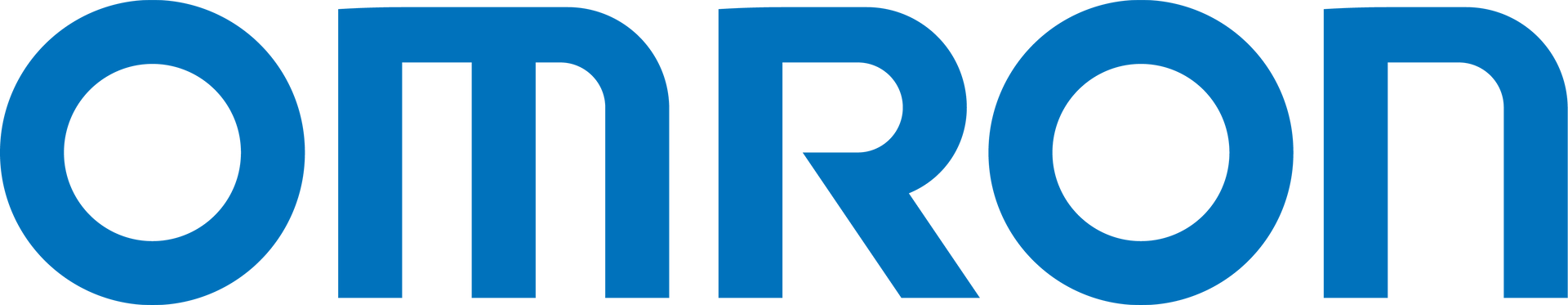 The word omron is written in blue letters on a white background.