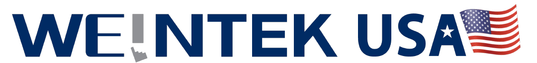 A logo for weintek usa with an american flag in the background
