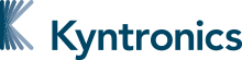 A blue and white logo for kyntronics on a white background.