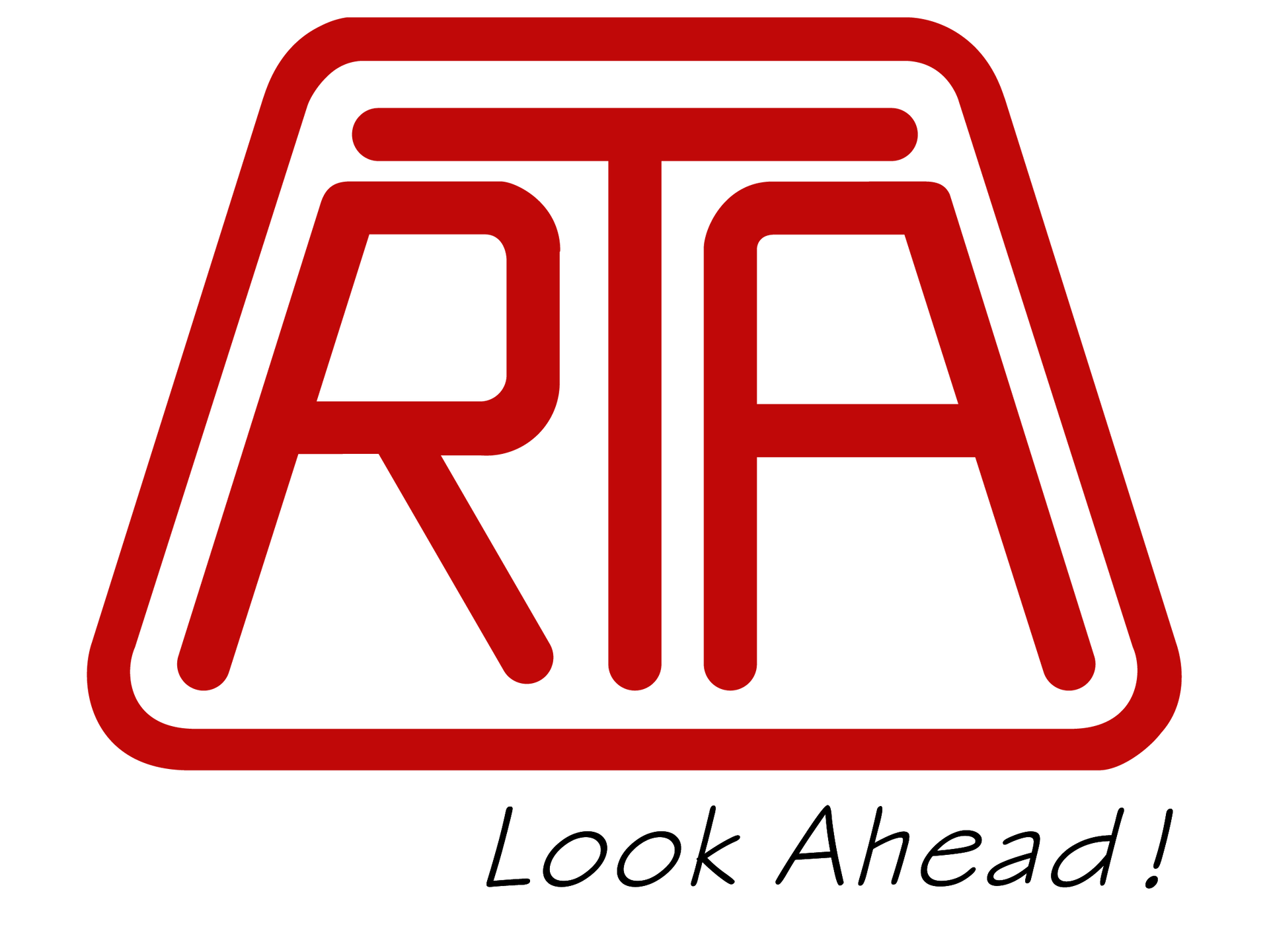 A red and white logo that says rta look ahead