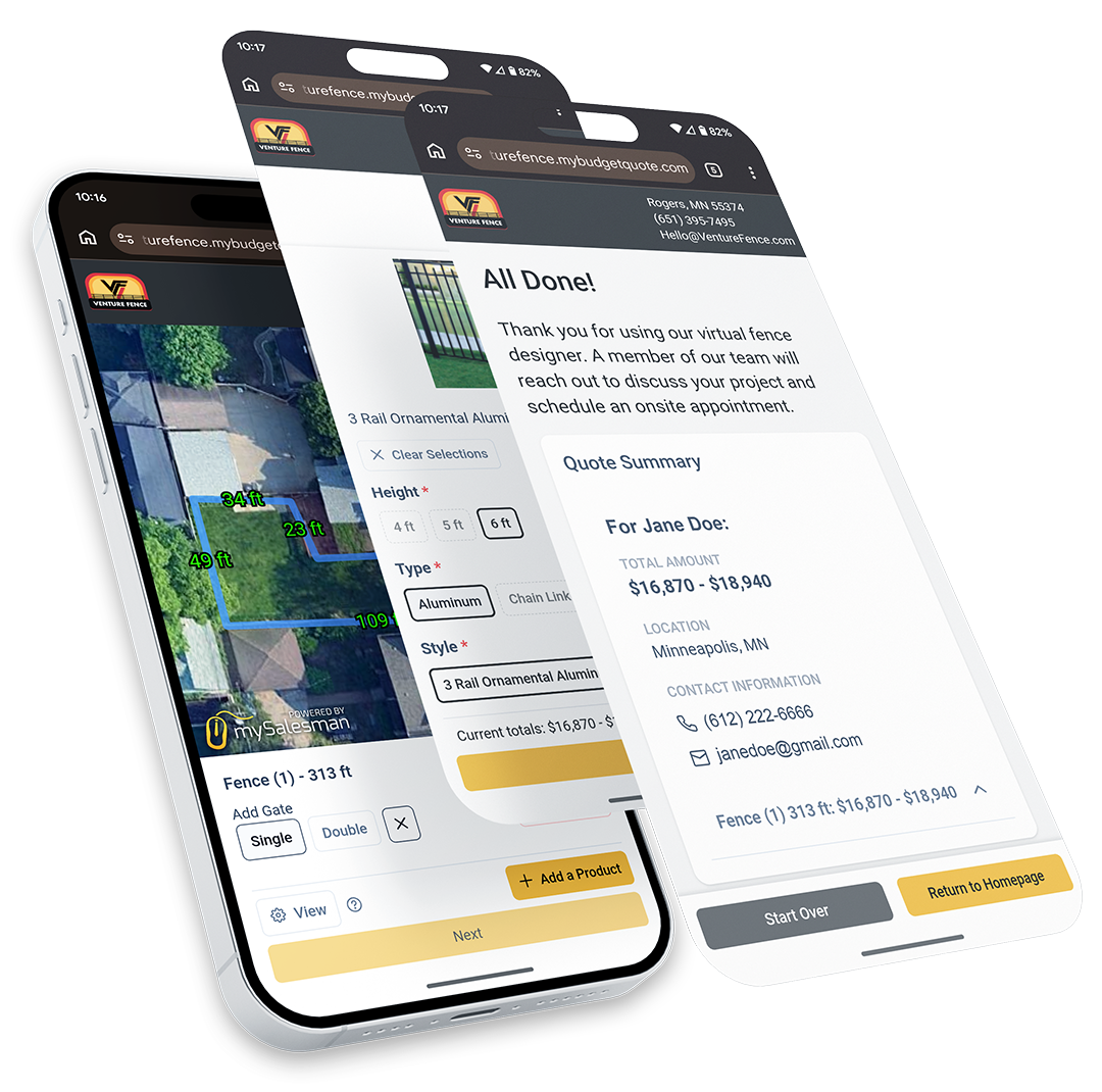 Three smartphones displayed in a stack, showcasing a mobile interface for a digital fence design and quote service.
