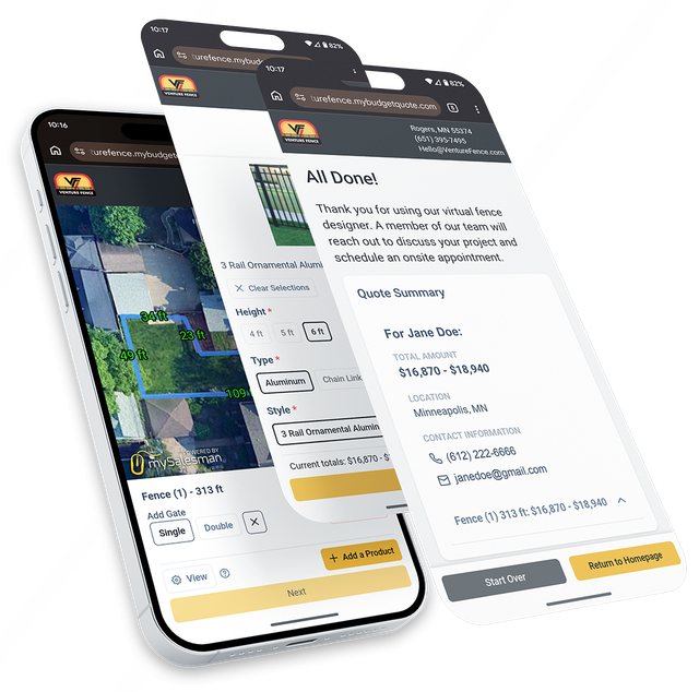 Three smartphones displayed in a stack, showcasing a mobile interface for a digital fence design and quote service.