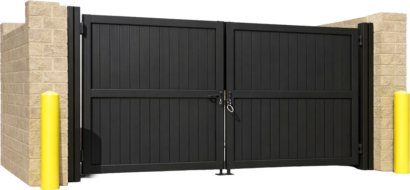 Black double-gate entrance with vertical slats, flanked by beige stone pillars and yellow safety bollards.
