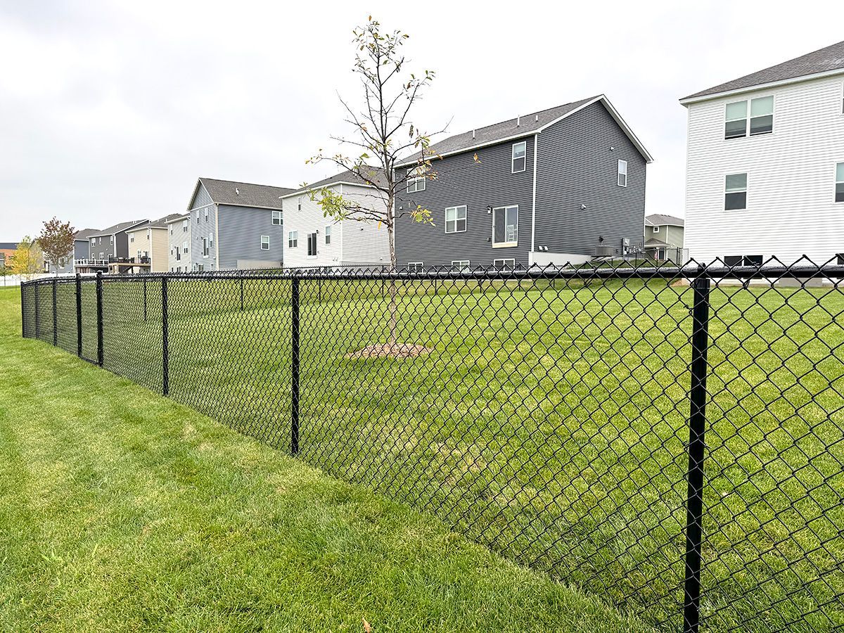 A black chain-link fence lines a green grassy yard in front of several suburban houses.