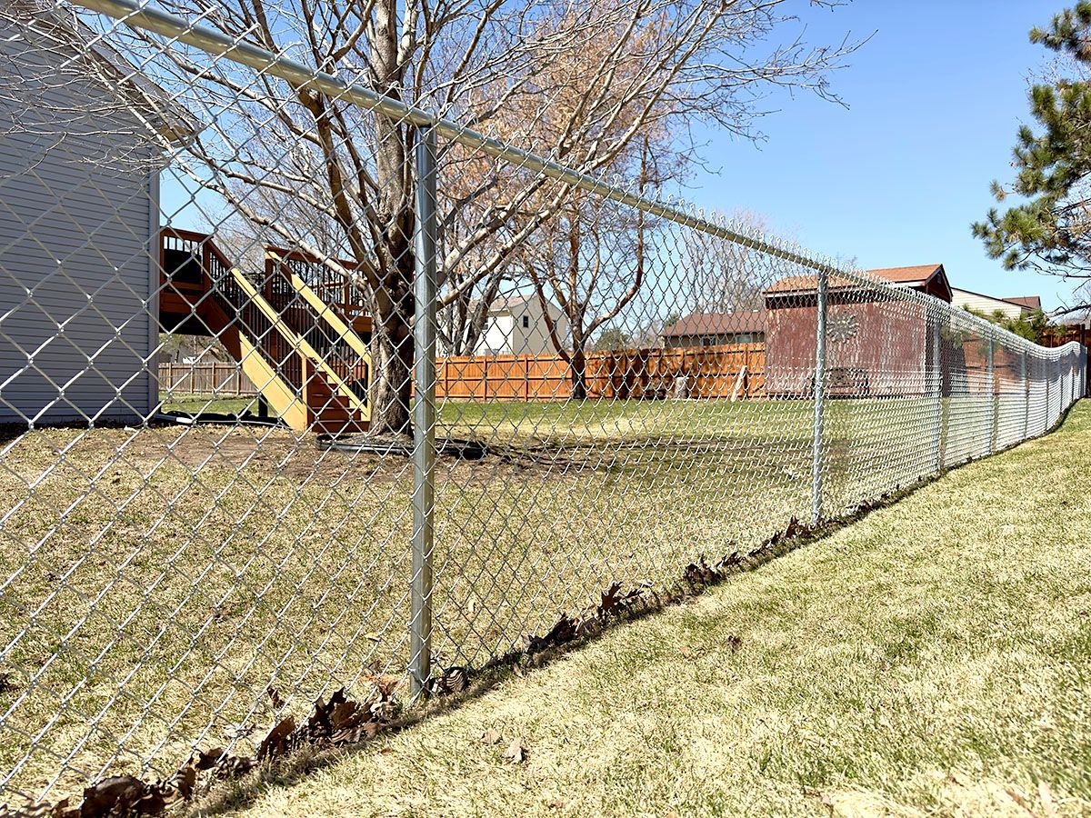 A chain-link fence borders a grassy backyard with a deck and mature trees on a sunny day.