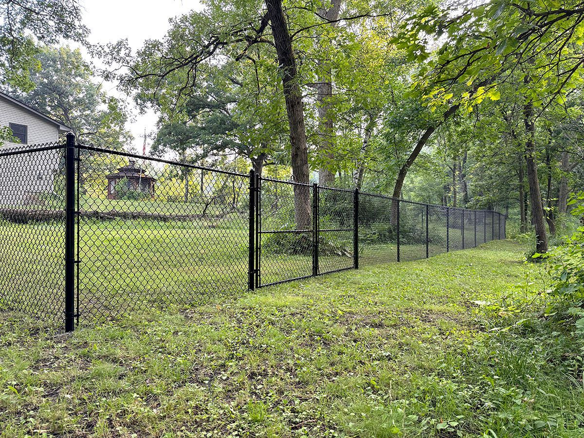 A black chain-link fence spans a grassy backyard bordered by dense green trees and a house in the distance.