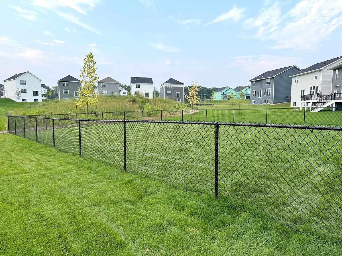 A black chain-link fence encloses a green grassy lawn in a suburban neighborhood with several houses in the background.