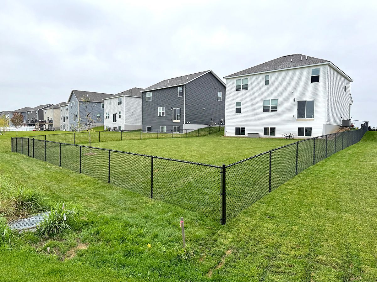 A residential backyard featuring a black chain-link fence on a green lawn with several suburban houses in the background.